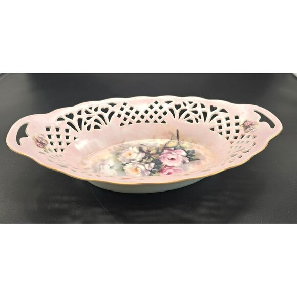 Vintage Porcelain Pink Oval Dish Reticulated Edges Floral Rose Design JJ3903 - Picture 5 of 8